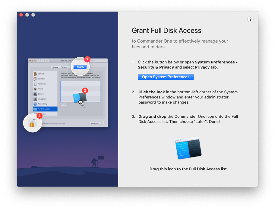 Full Disk Access request window