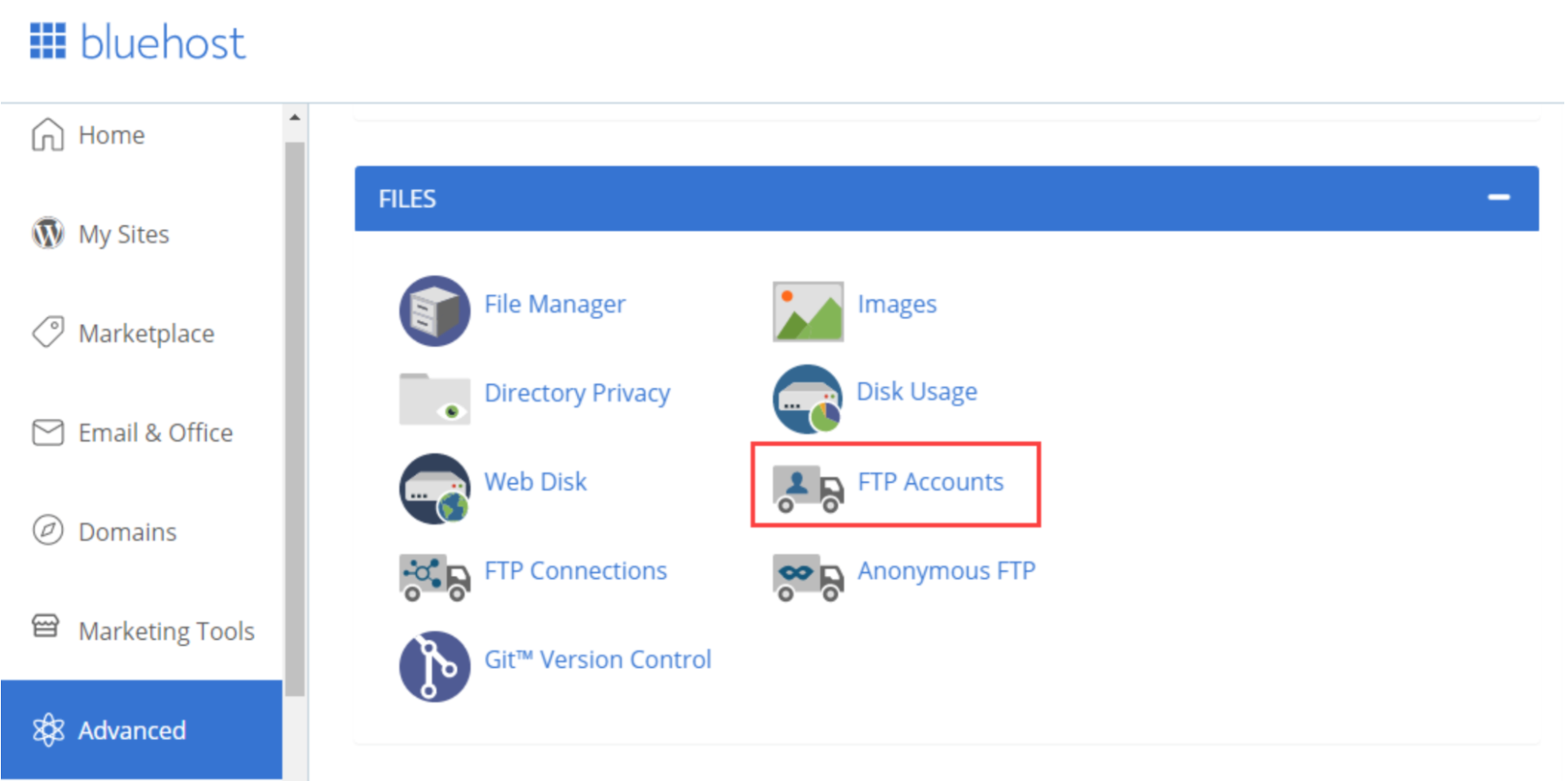  The control panel in Bluehost account