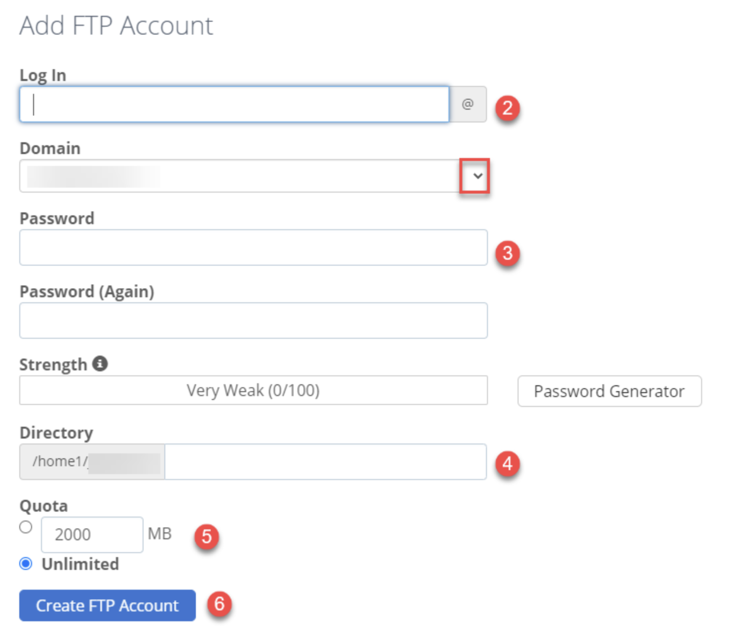  FTP account menu in the Bluehost control panel
