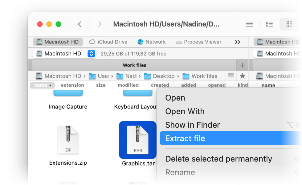 The context menu is demonstrated and the Extract file option is chosen in the Commander One application