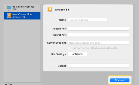 New Connection of Amazon S3 window in Commander One