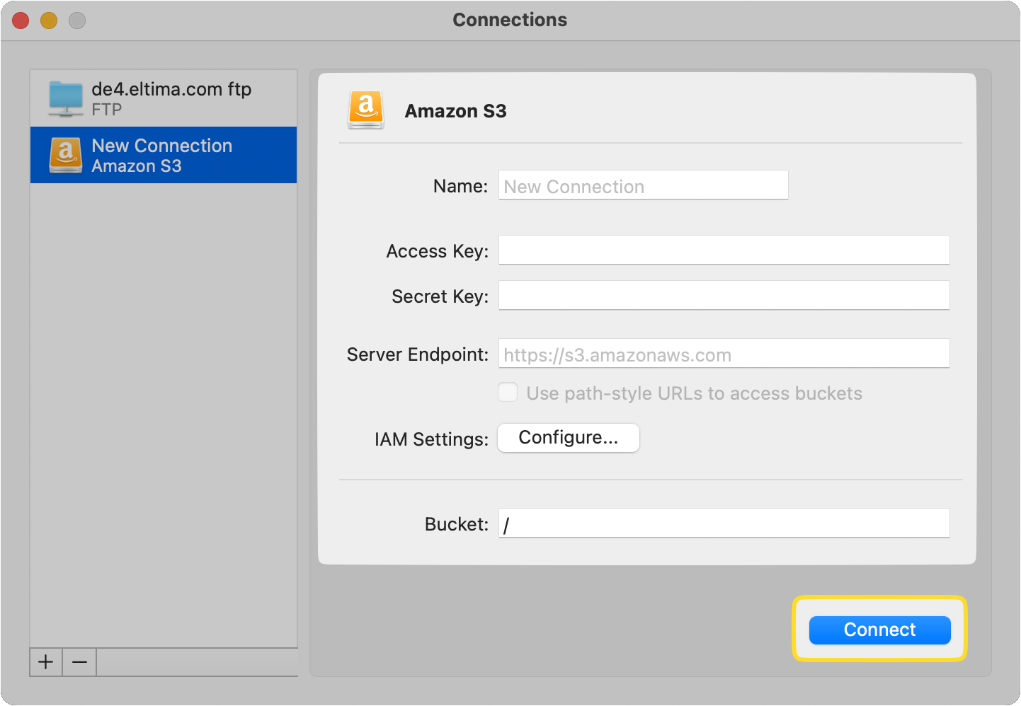 New Connection of Amazon S3 window in Commander One