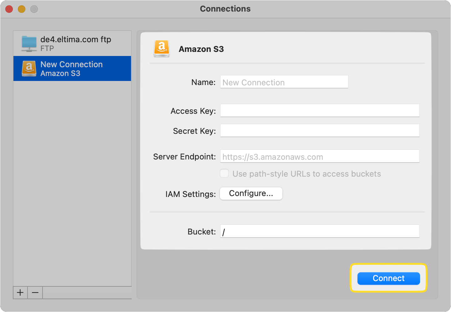 Nueva ventana de Conexión de Amazon S3 en Commander One