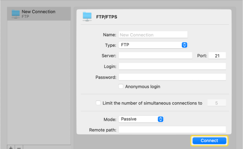 The New Connection of the FTP/FTPS window in C1