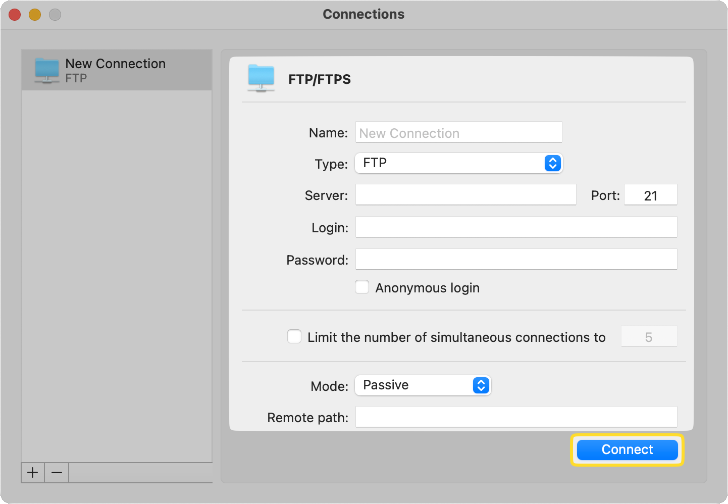 La nouvelle connexion de la fenêtre FTP/FTPS dans Commander One