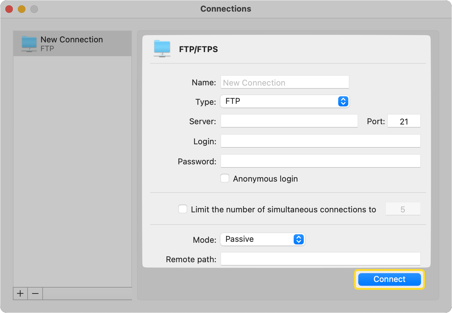 Die neue Verbindung des FTP/FTPS-Fensters in Commander One