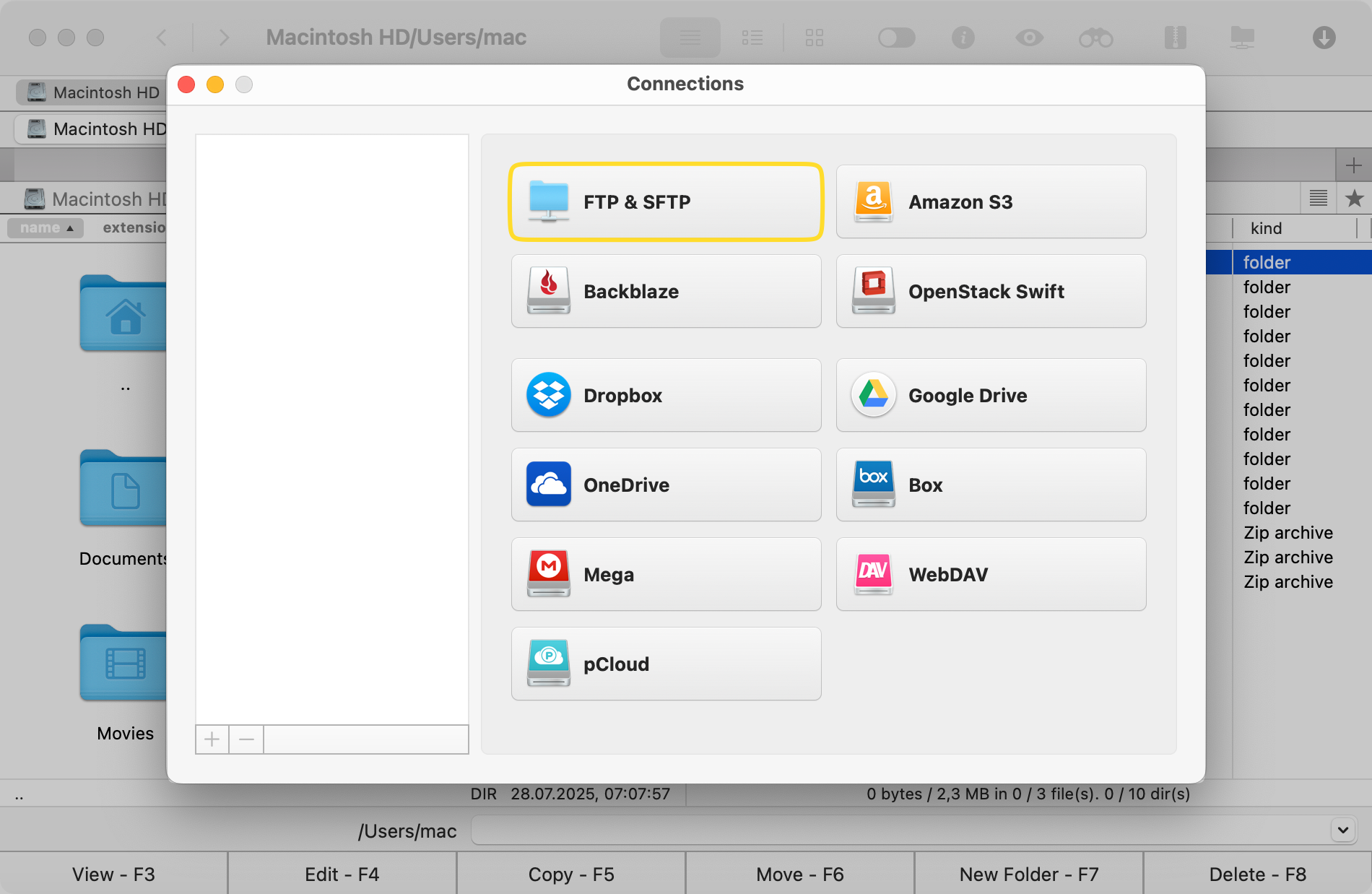 Commander One - Connections - FTP is emphasized