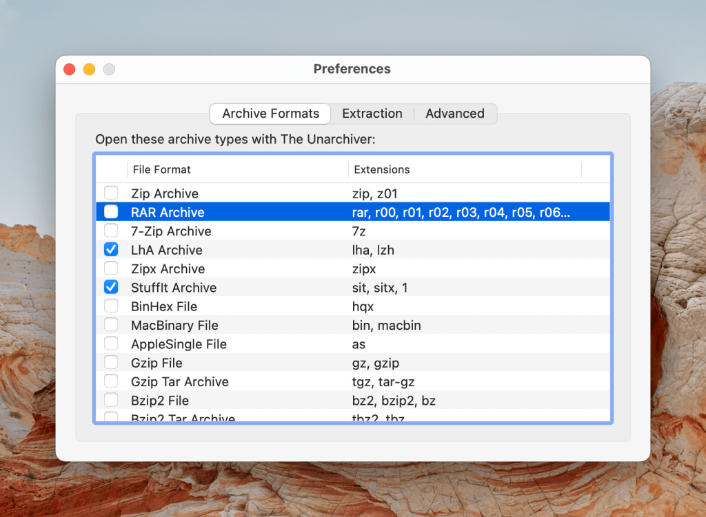 The Unarchiver app's Preferences pop-up menu is launched