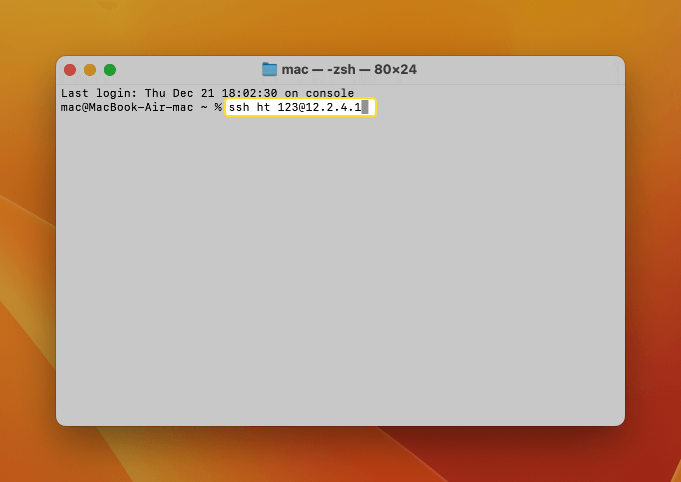 The command for establishing the SSH connection is shown in the Mac Terminal window