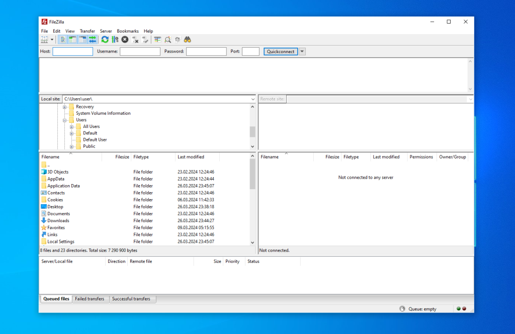 The interface of the Filezilla is demonstrated