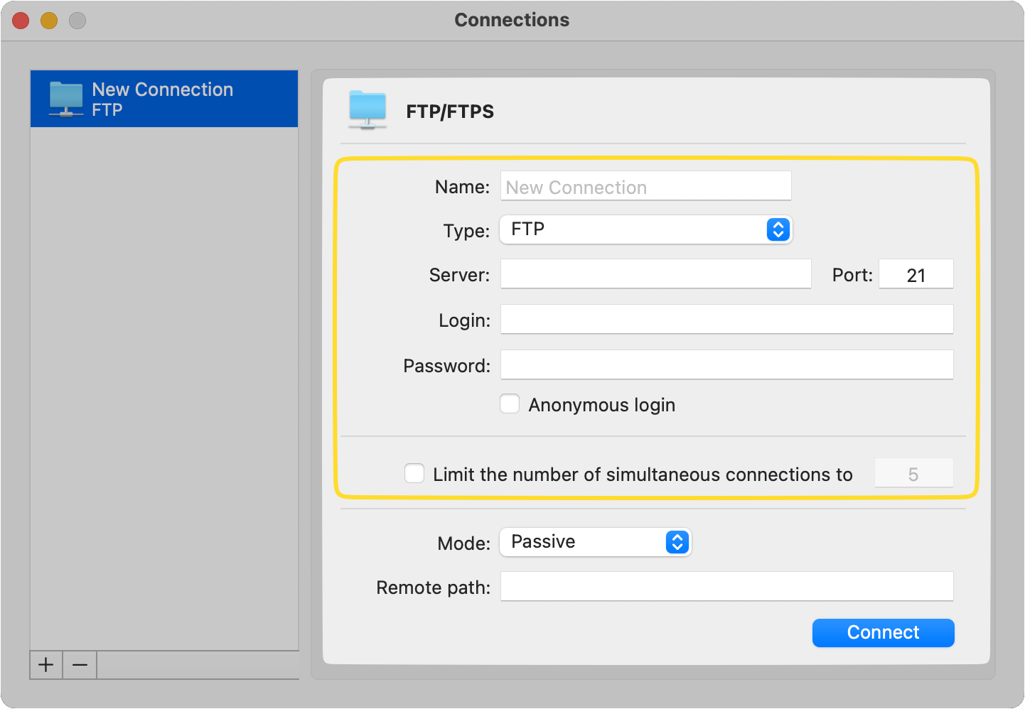 FTP/FTPS接続が開かれる