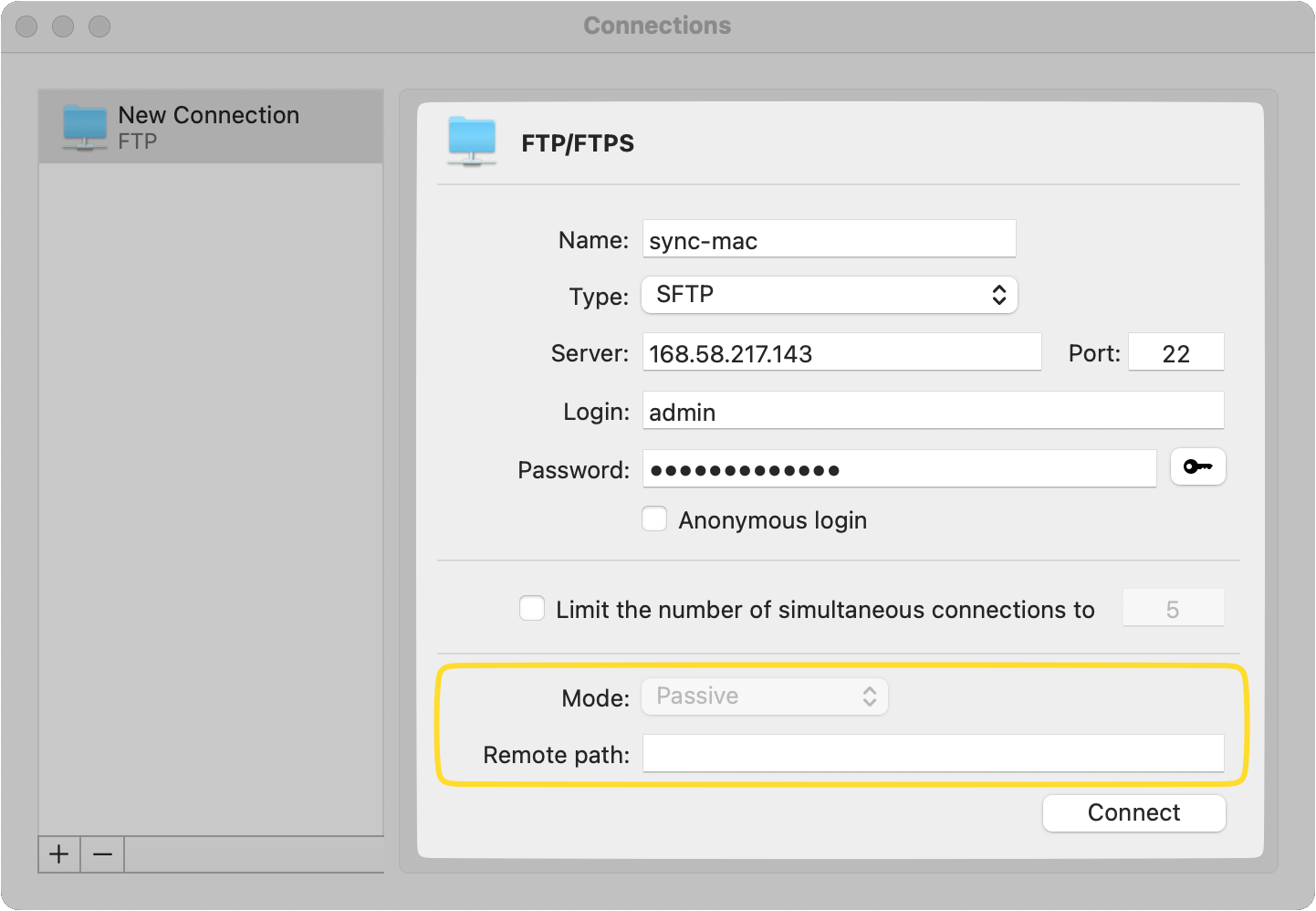 The FTP/FTPS connection is opened; the Mode and Remote path fields are highlighted