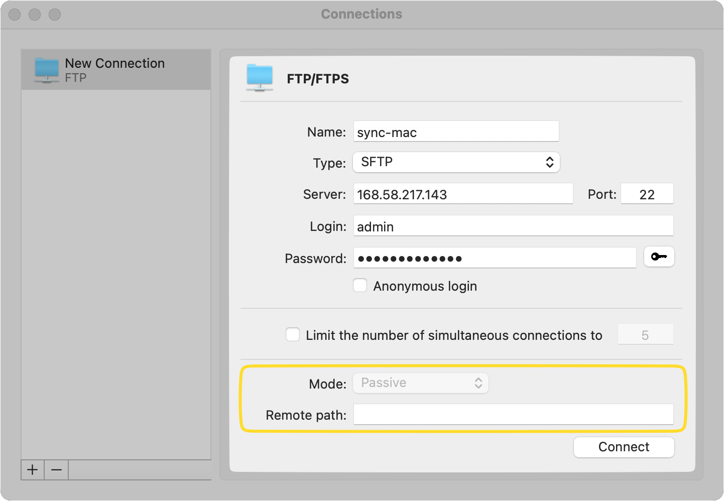 FTP/FTPS-anslutningen öppnas; fälten Mode och Remote path är markerade