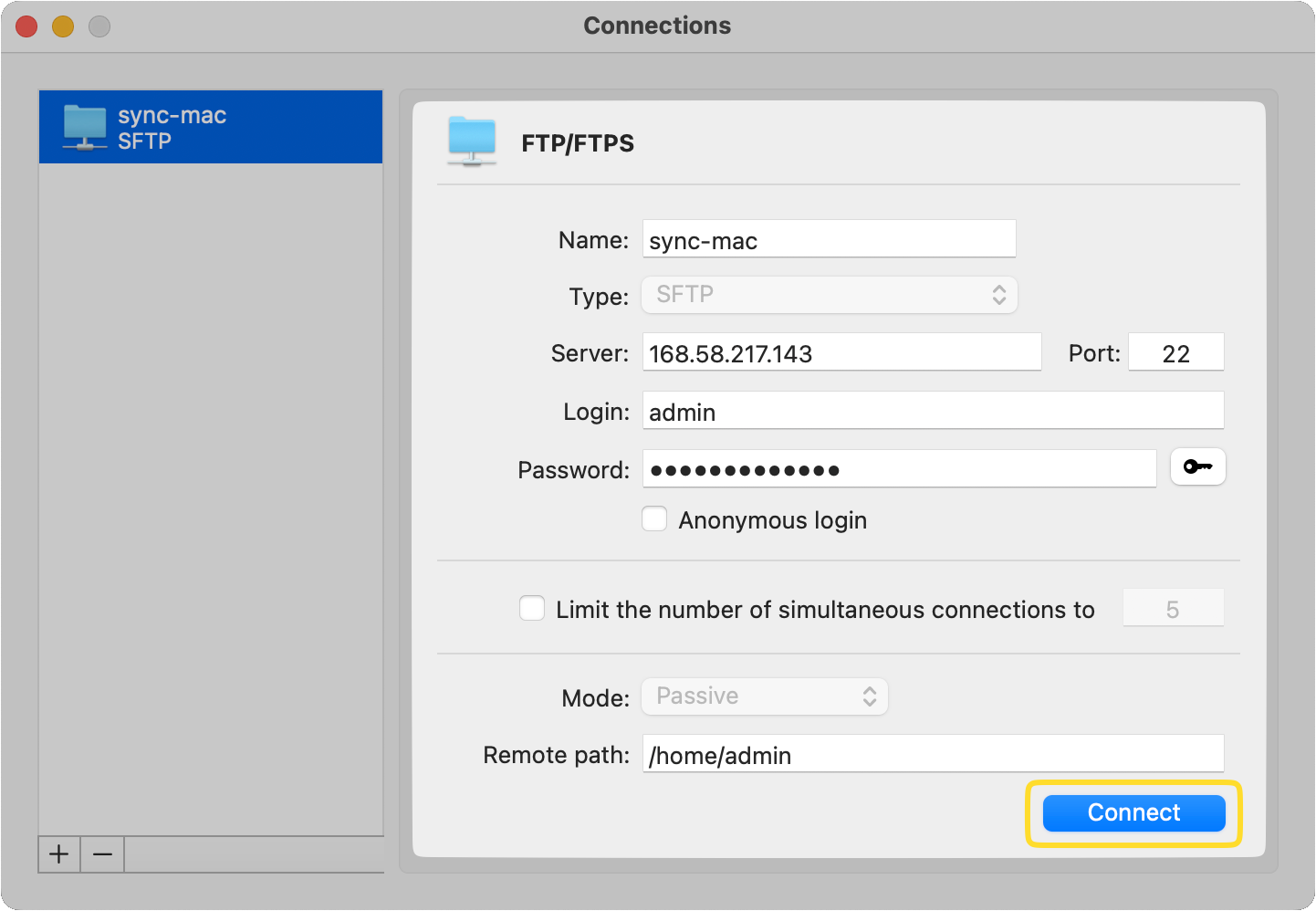 SFTP-anslutningen fylls i med nödvändiga data och Connect-knappen är markerad