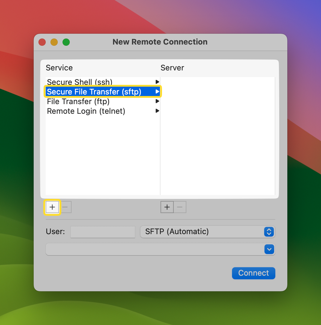 Mac Terminal's New Remote Connection window is opened and the Secure File Transfer (sftp) protocol is selected