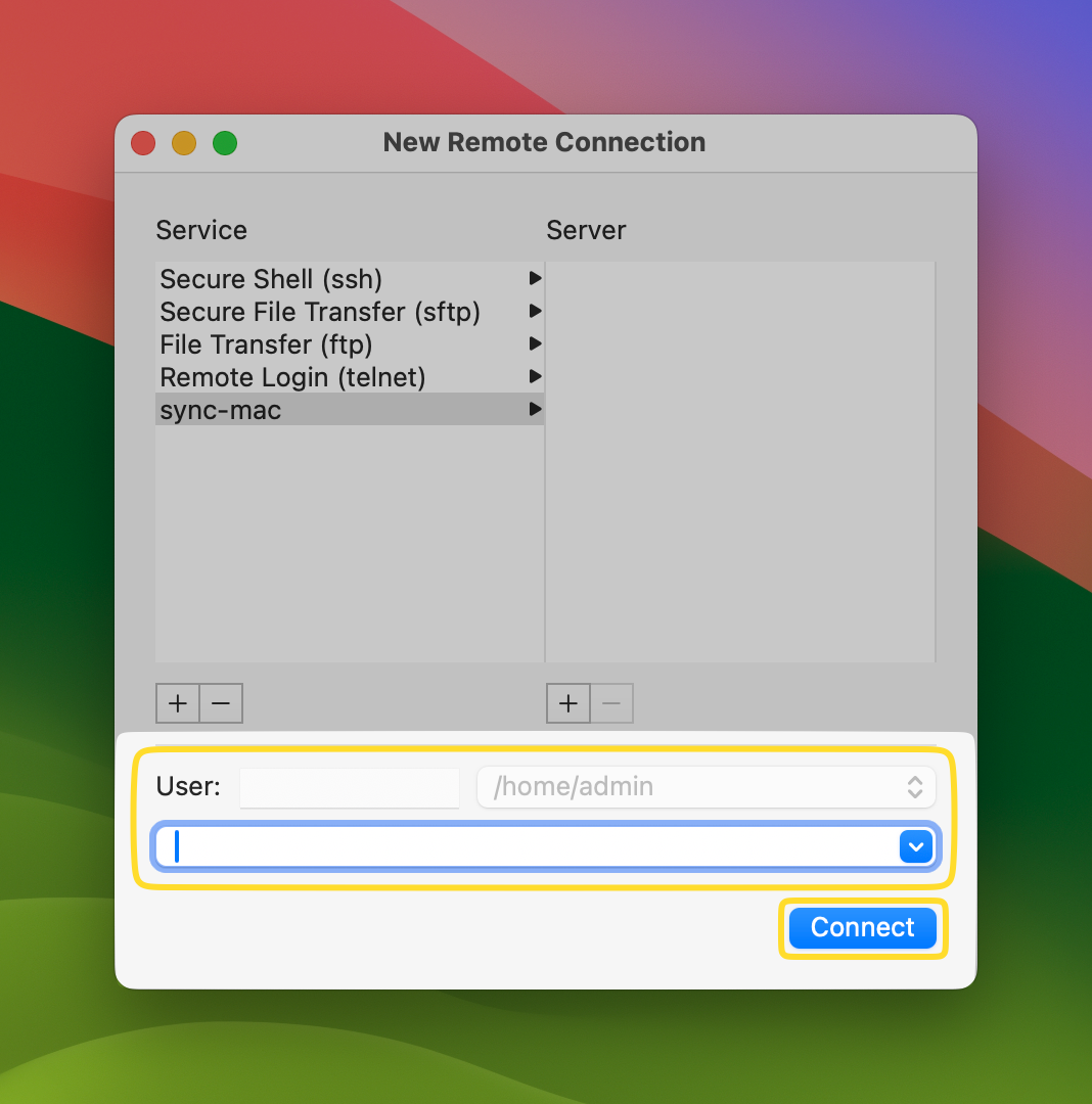 The User field for the New SFTP Remote Connection and the Connect button are outlined