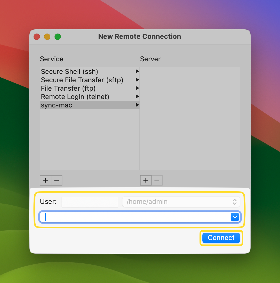 Användarfältet för den nya SFTP-fjärranslutningen och knappen Connect beskrivs nedan