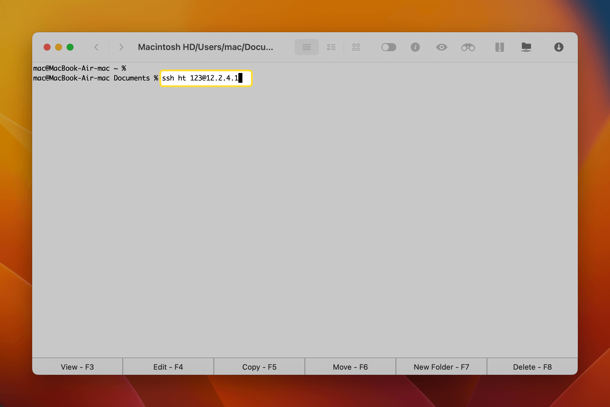 The Terminal command for enabling SSH is highlighted in the Commander One application