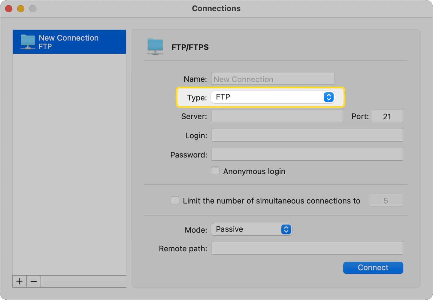 Selecting the type of the server to connect to in the FTP New Connection is shown