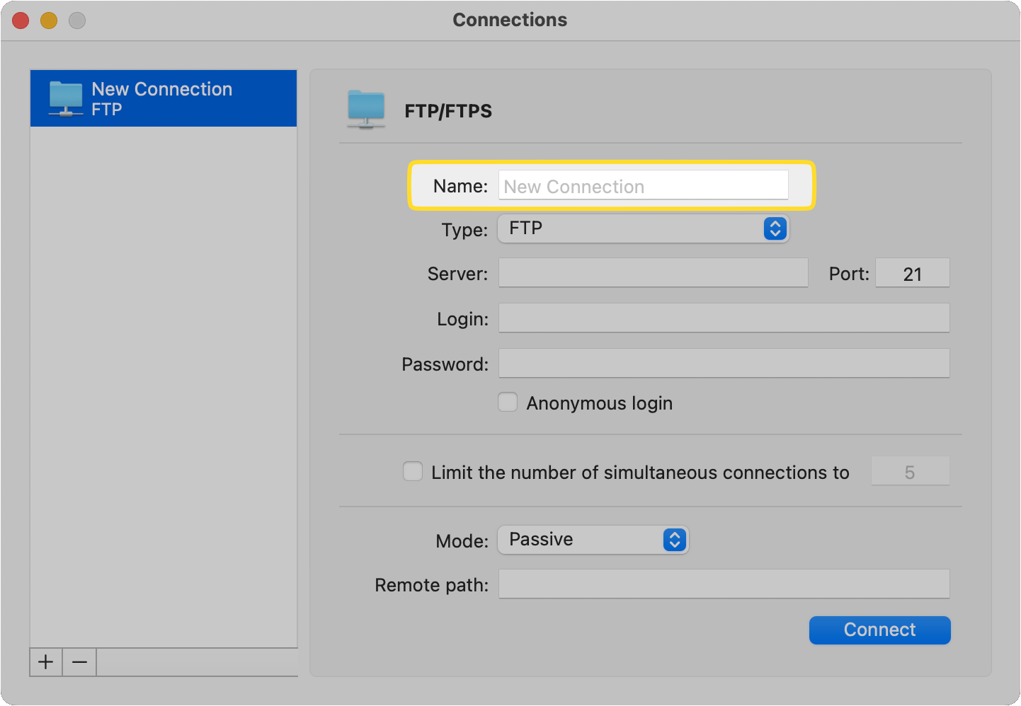 The Name field of the new FTP connection is outlined