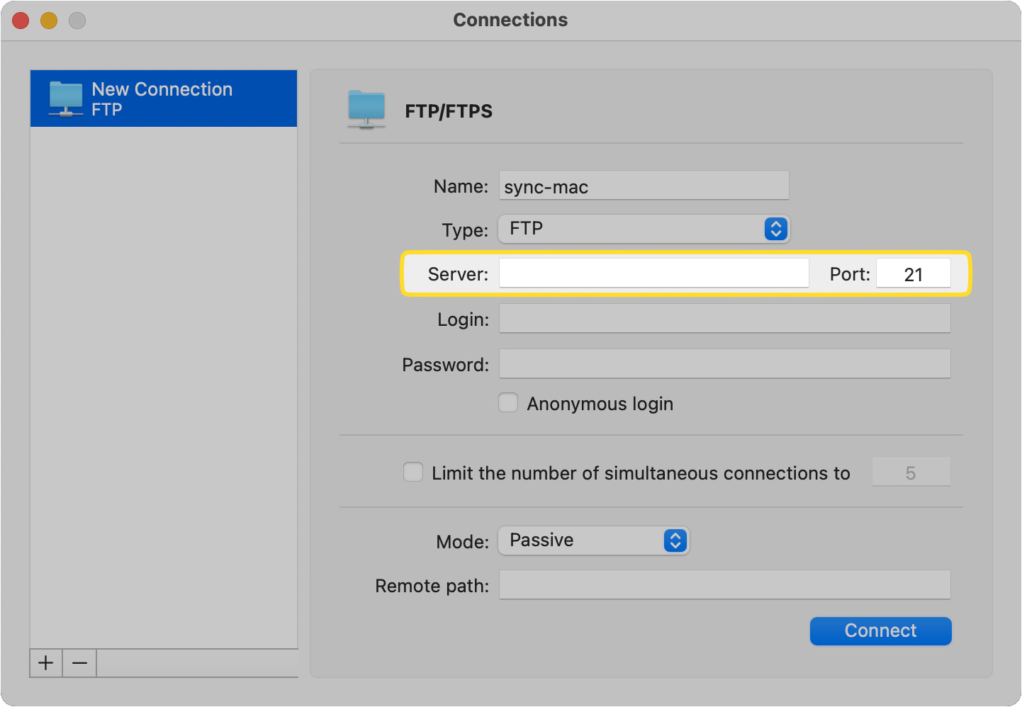 The Port field of the new FTP connection is highlighted