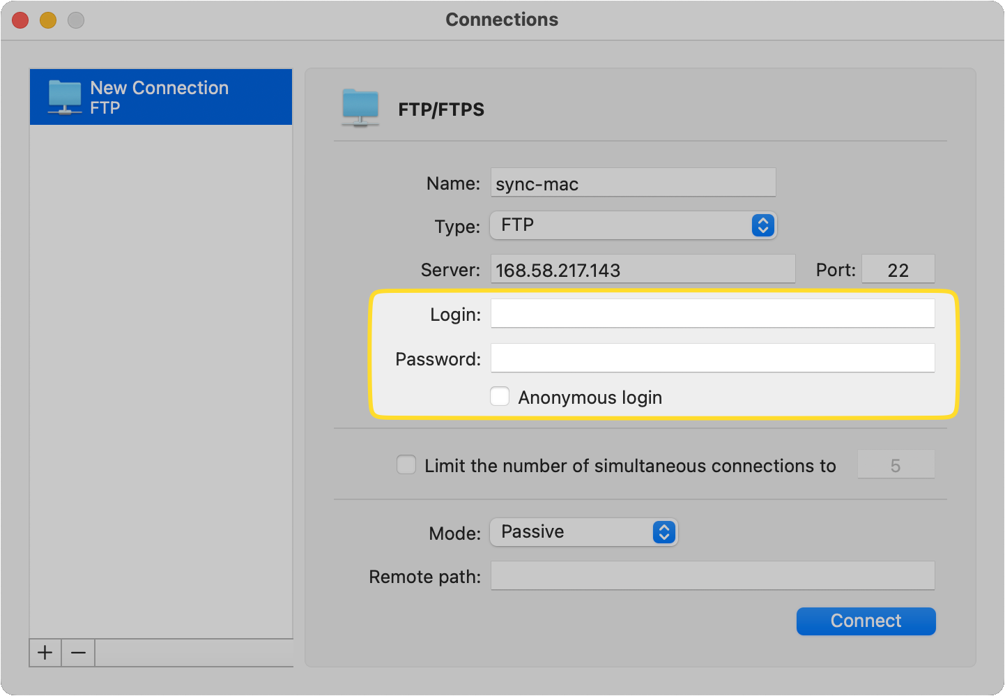 The Login and Password fields of the new FTP connection are highlighted