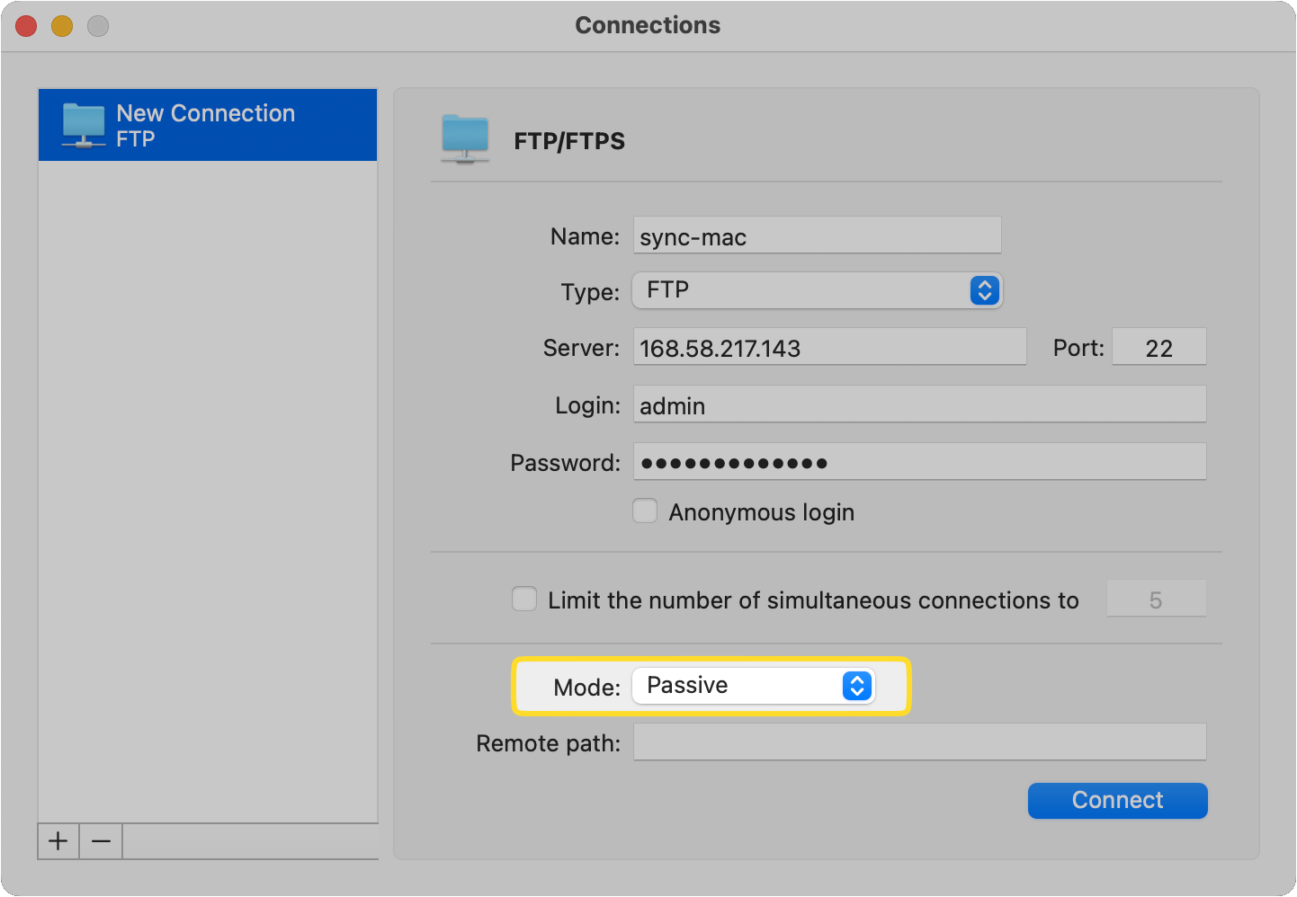 The Mode field of the new FTP connection is outlined