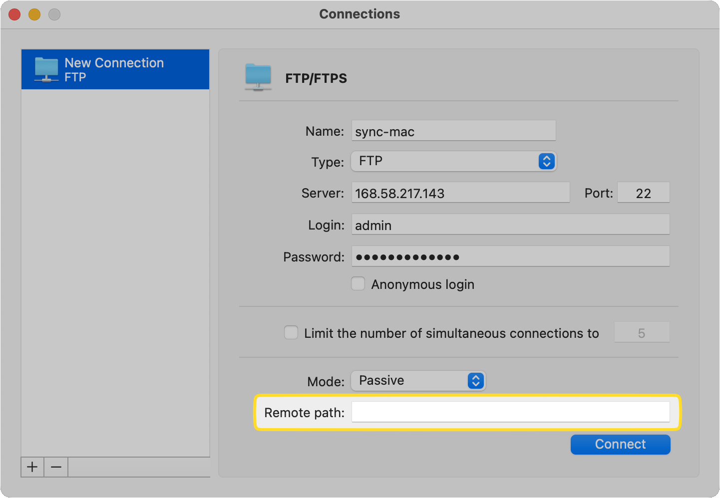 The Remote path field of the new FTP connection is demonstrated