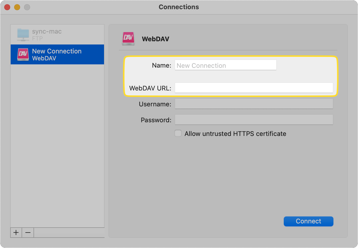 The Name and WebDAV URL fields of the new WebDAV connection are outlined
