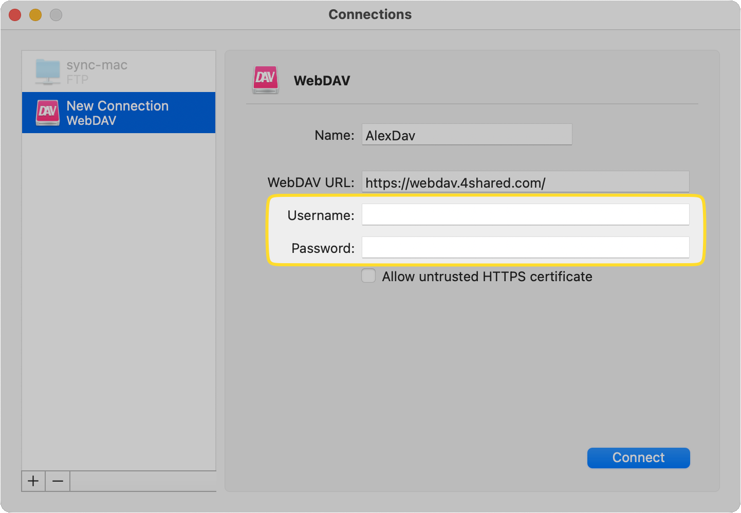 The Username and Password fields of the new WebDAV connection are demonstrated