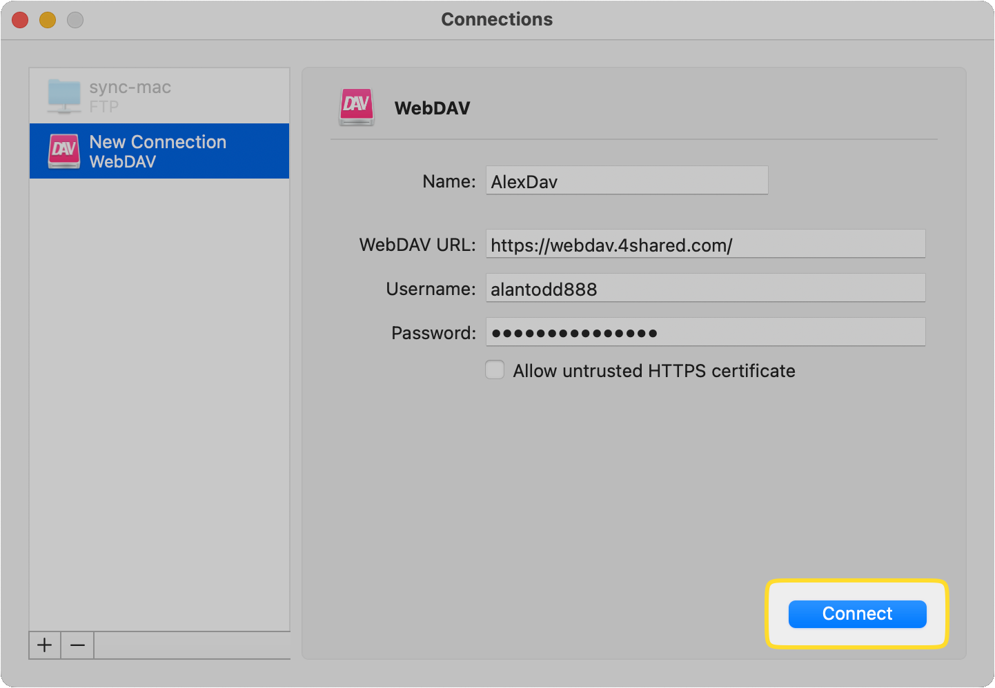 The Connect button of the new WebDAV connection is outlined