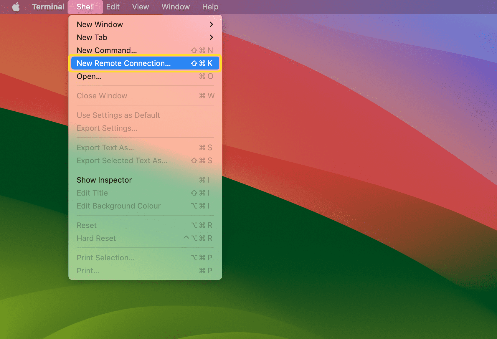 Bagian Shell Mac Terminal di menu atas dipilih dan opsi New Remote Connection (Sambungan Jarak Jauh Baru) disorot