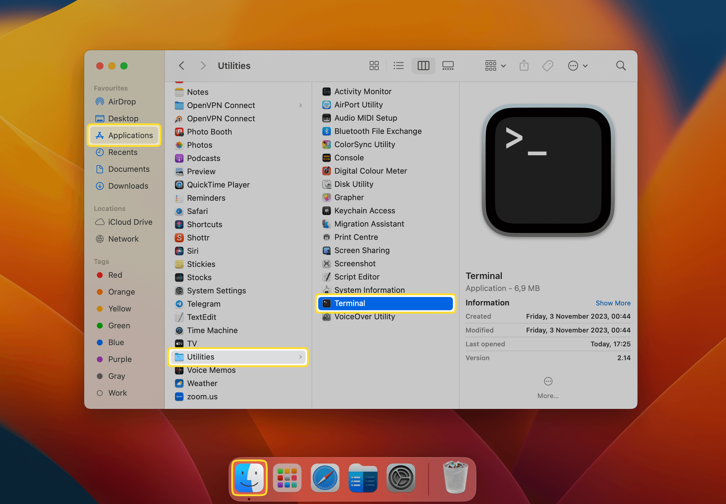 The Terminal app is highlighted in the Utilities folder inside the Applications