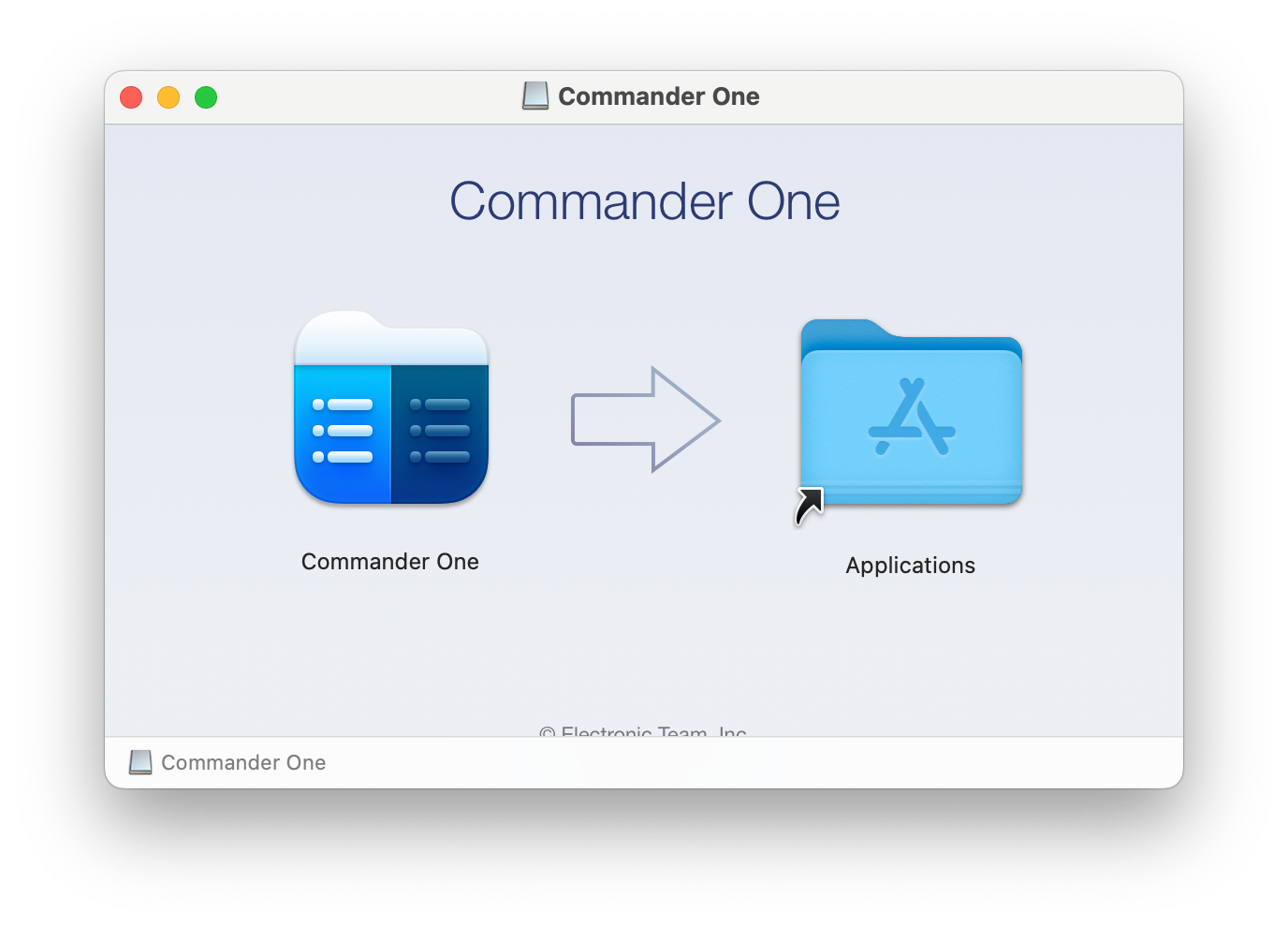 Drag the Commander One app's file to your Applications folder on your Mac The Commander One app's logo and the Applications folder are depicted