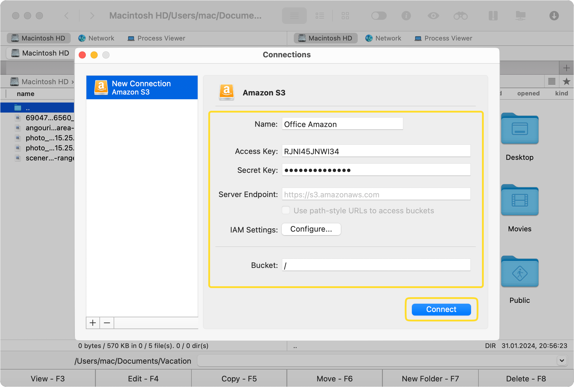 Amazon S3 connection's details in the Commander One is shown