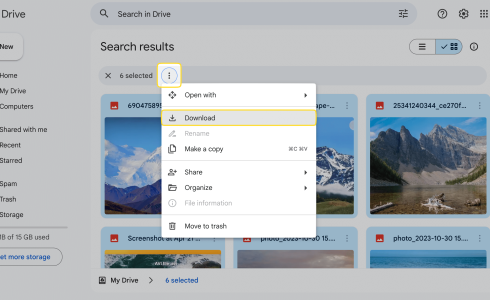 Google Drive - Files are selected - Download in the drop-down menu is shown