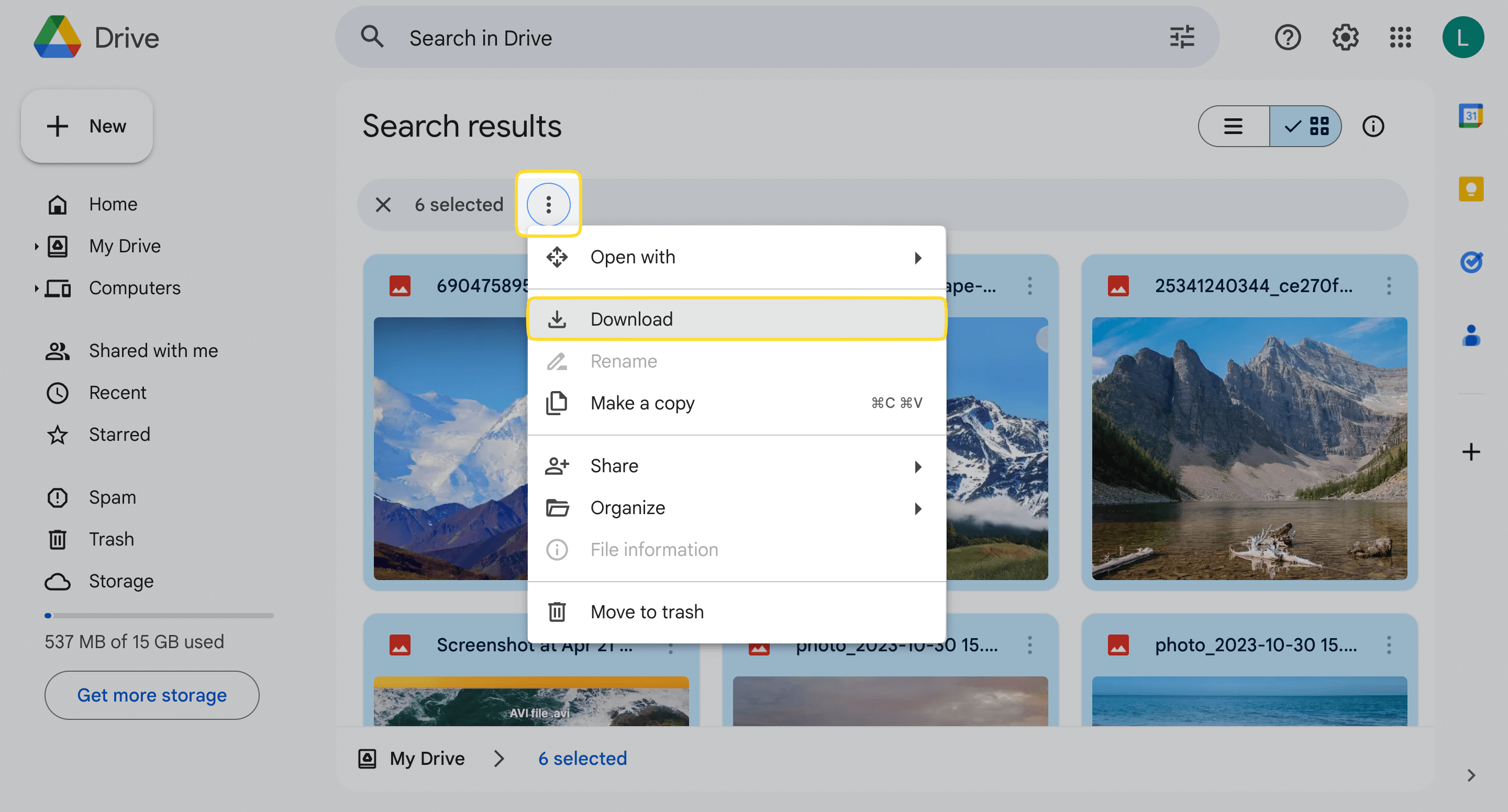 Google Drive - Files are selected - Download in the drop-down menu is shown