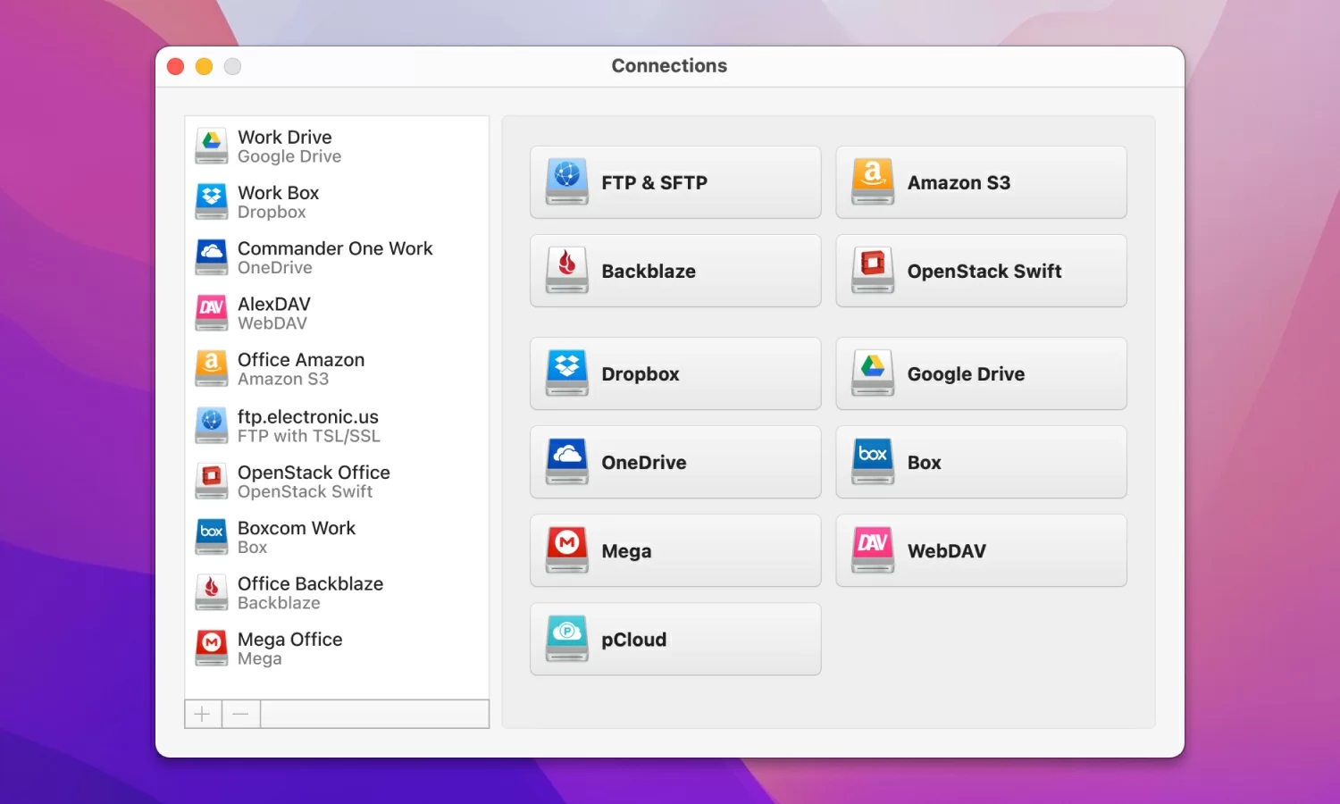 The FTP icon in the Connections window of the Commander One is outlined