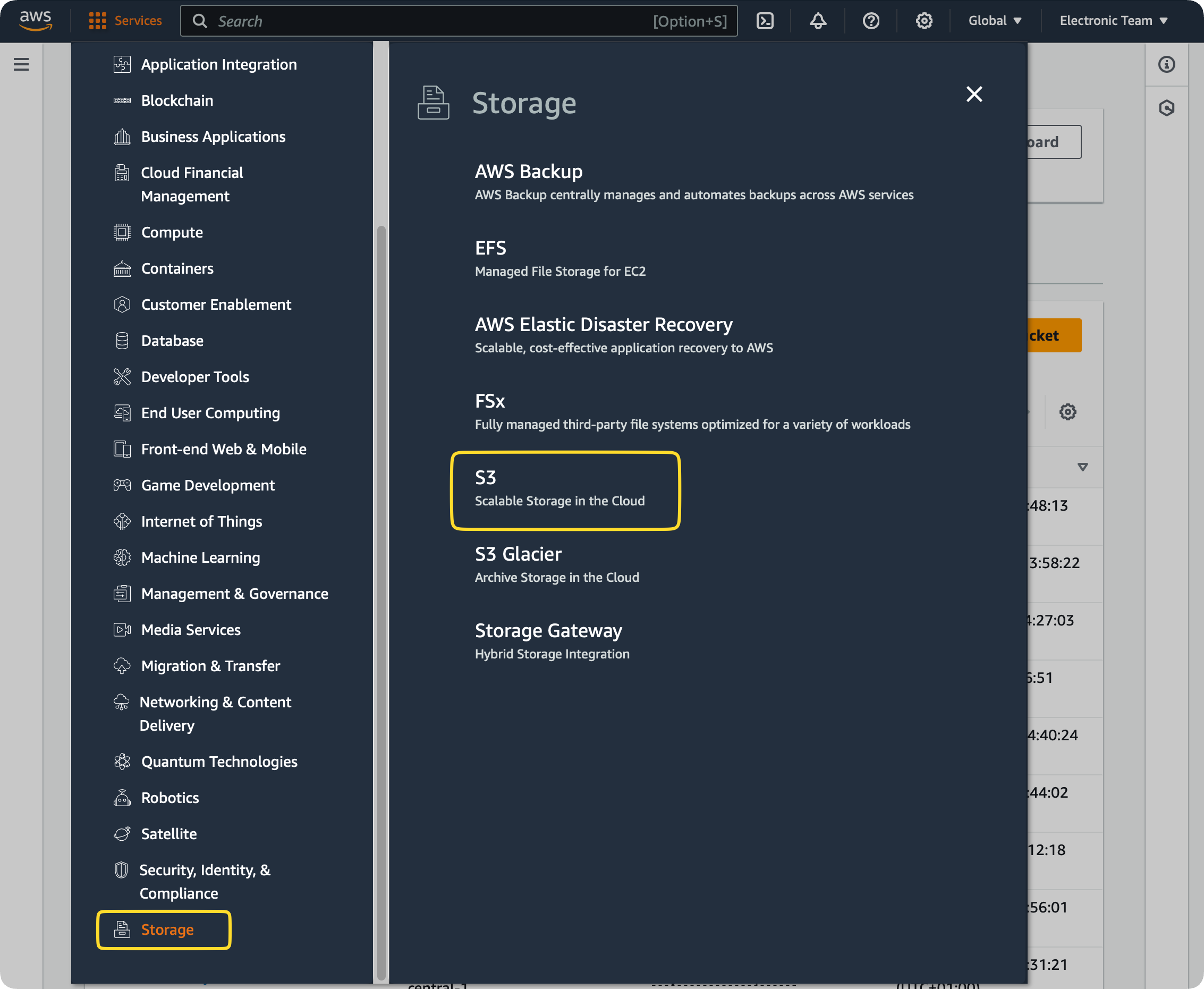 Storage Section of the Cloud Object Storage - Amazon S3 - AWS is highlghted