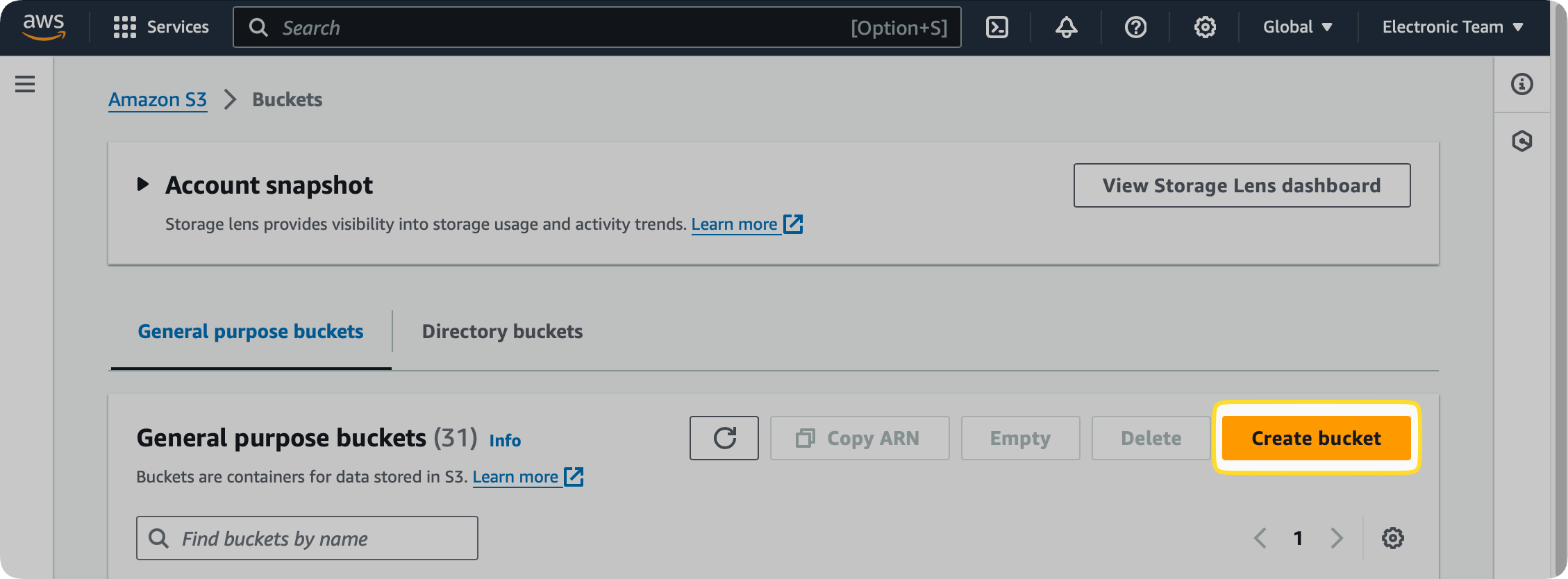 The Bucket section in the Amazon S3 console with the highlighted Create bucket button are shown