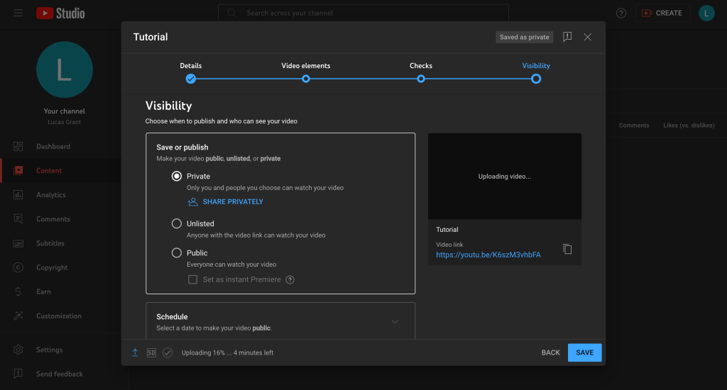 The Visibility option settings in YouTube.