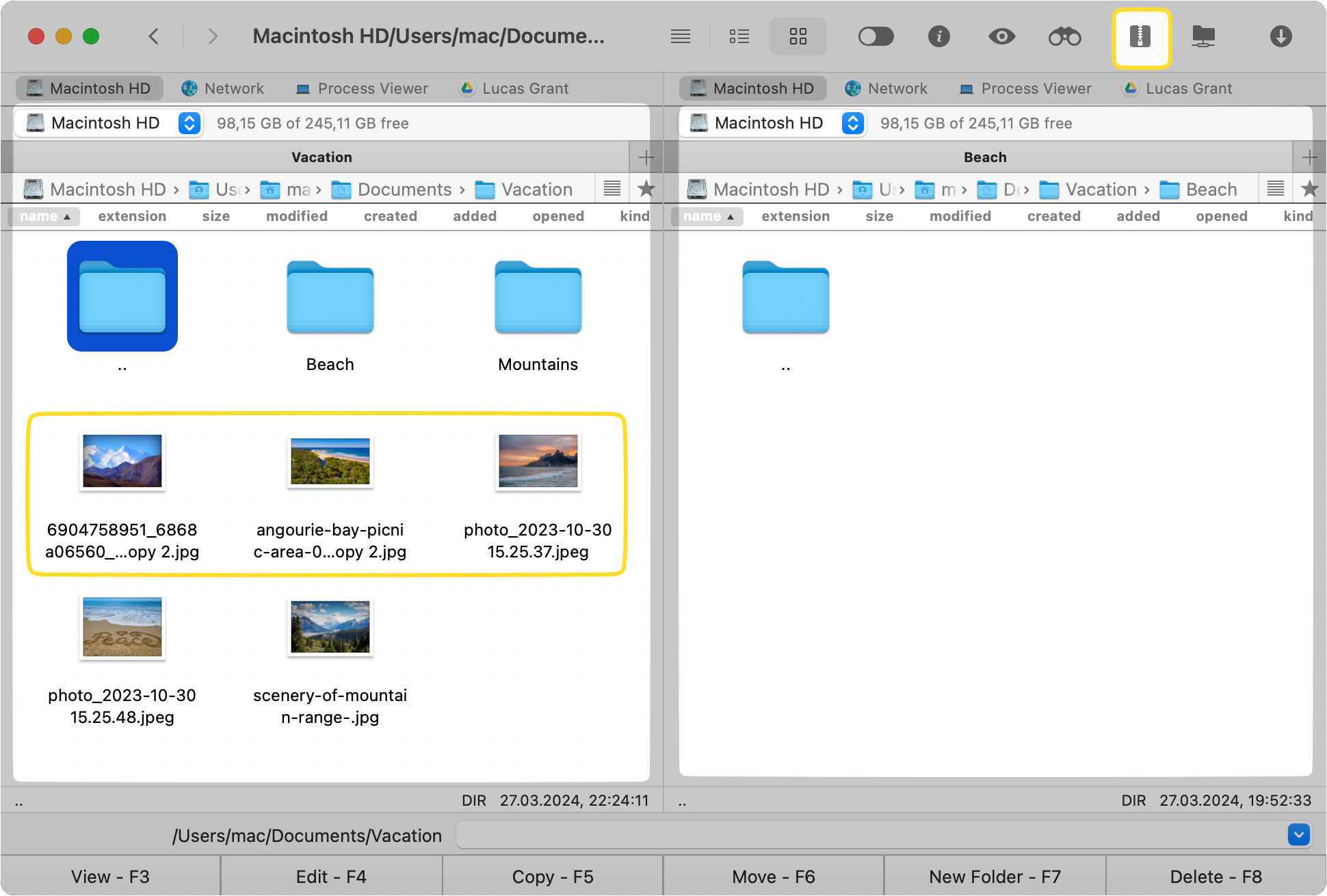 Die zu komprimierenden Dateien werden im linken Fenster der Commander One-Anwendung ausgewählt