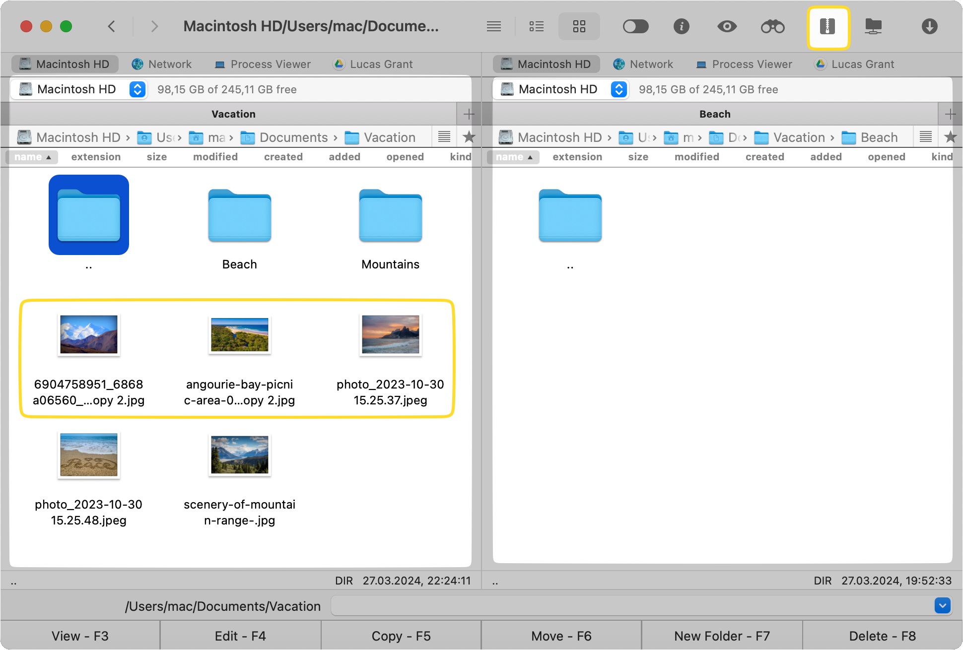 Files for compression are chosen in the left panel of the Commander One application