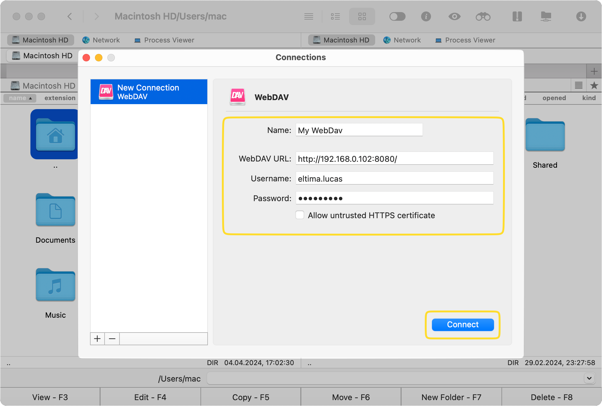 Click on the WebDAV icon and perform the server configuration