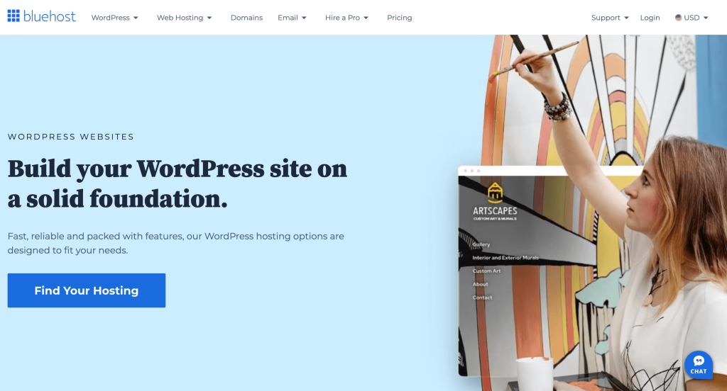 The WordPress hosting page on the Bluehost's website