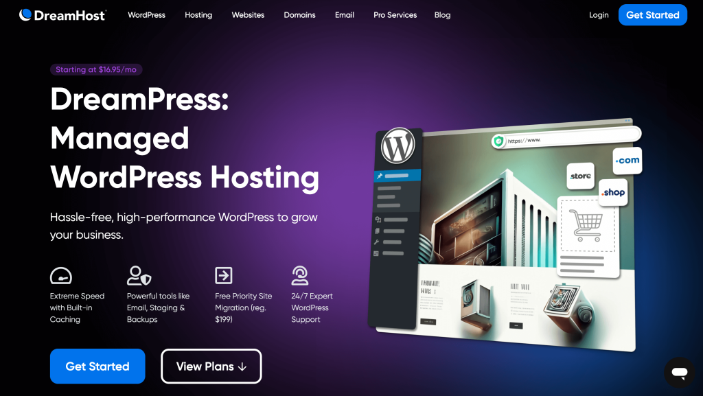 The managed WordPress hosting page on the DreamHost's website