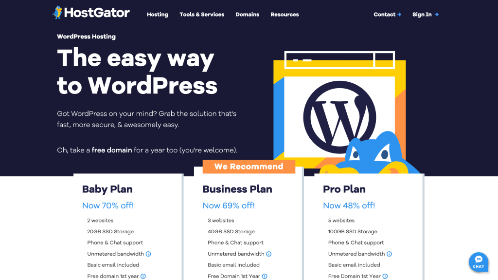 The WordPress hosting page  - the screenshot from the Hostgator's website