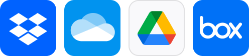 Logos of Dropbox, OneDrive, Google Drive and Box cloud storages.