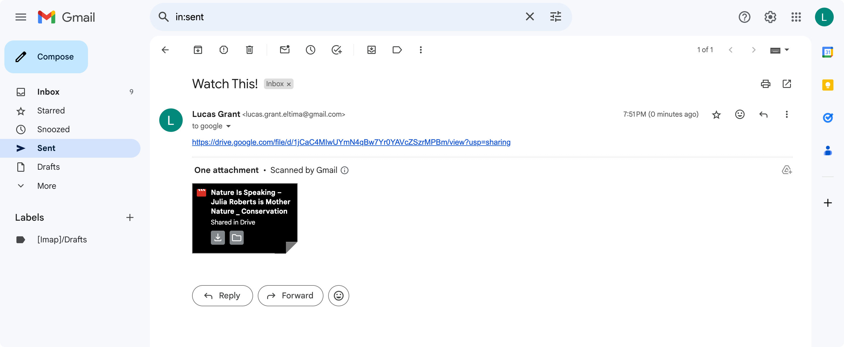 The Sent email with the video file attached.