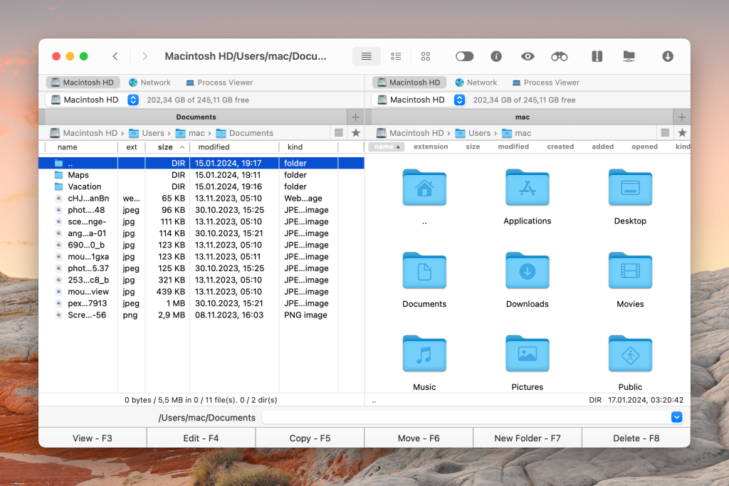 The dual-pane interface of the Commander One FTP client for Mac is demonstrated